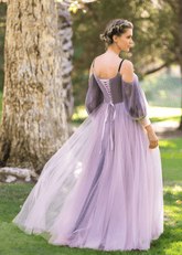 Carol | Long Lavender Prom Dresses With A - Line Wrap Top Tulle Half - Sleeve Appliques - Lavender - PromDressClub